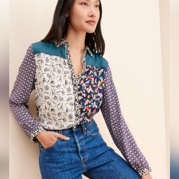 Anthropologie Tops - Anthropologie Maeve The Paz Mixed Print Eiffel Tower Button Up Top - Size Large